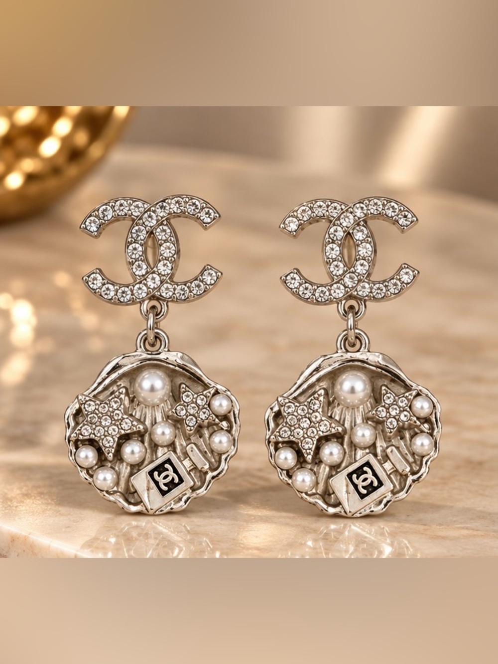 Silver Tone Crystal Pearl Charm Drop Earrings Statement Dangle Jewelry